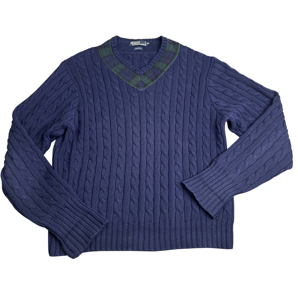 Polo Ralph Lauren Mens XL Navy Blue Cable Knit V-Neck Plaid Trim Cotton Sweater